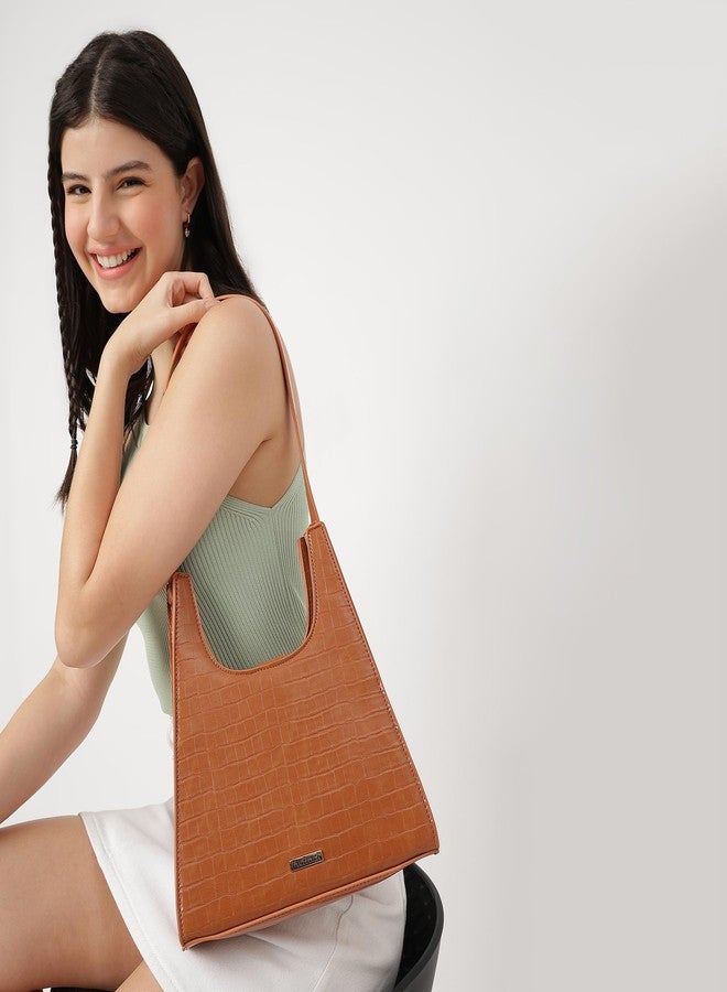 Fastrack Croco Pattern Shoulder Bag For Women | Faux Leather Shoulder Bag With Magnetic Button Closure | Trendy Handbags For Girls | Trendy Handbags, Tan - Image 2